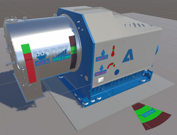Virtual AR visualization of an Andritz industrial plant with overlaid sensor data such as temperature, speed, and flow rate.