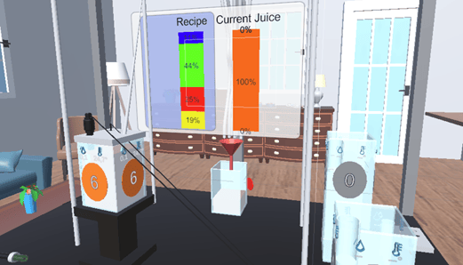 Virtual display of a juice mixer with recipe and juice bars.