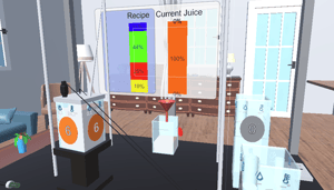 Virtuelle Anzeige eines Juice-Mixers mit Rezept- und Saftbalken.