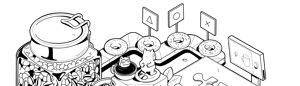 Black-and-white illustration by the Coffeecoders team, where frogs in raccoon costumes observe the donut production.