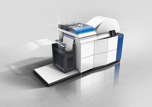 Hunkeler GEN8 EVO – Hochmodernes Digitaldruck-Finishing-System mit innovativem Industrial Design von Alphagate, dargestellt mit transparenter Schnittansicht zur Visualisierung der Papierverarbeitung.