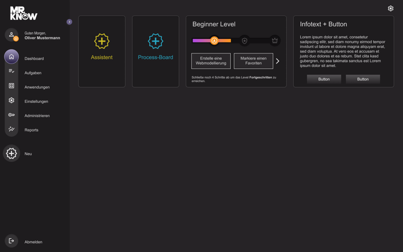 Dashboard interface of the MR.KNOW process automation platform. The screen displays navigation options for tasks, applications, settings, and reports on a dark background, along with tiles for creating assistants, managing processes, and tracking user progress.