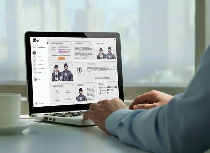 A person working on a laptop displaying the MR.KNOW process automation dashboard. The user interface shows workflow data, user profiles, and performance metrics in a clean, card-based layout.