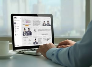 A person working on a laptop displaying the MR.KNOW process automation dashboard. The user interface shows workflow data, user profiles, and performance metrics in a clean, card-based layout.